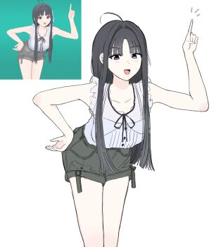 Rule 34 | 1girl, ahoge, awa subaru, black hair, commentary request, girls band cry, grcr pometa1118, grey shorts, highres, index finger raised, long hair, open mouth, purple eyes, reference inset, shirt, shorts, sidelocks, simple background, sleeveless, sleeveless shirt, solo, white background, white shirt
