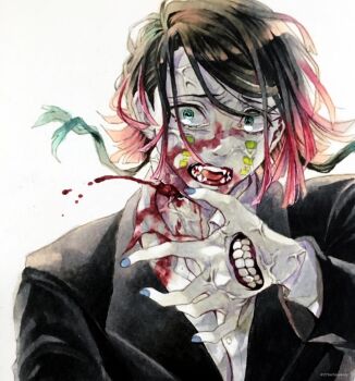 1boy angry asymmetrical_bangs black_hair black_jacket bleeding blood blood_in_mouth blood_on_face blood_spray blue_eyes blue_nails buttons clenched_teeth colored_tips commentary_request constricted_pupils cuts demon_boy enmu_(kimetsu_no_yaiba) facial_mark fangs floating_hair furious furrowed_brow hand_up highres injury jacket kimetsu_no_yaiba long_sleeves looking_at_viewer male_focus medium_hair misplaced_mouth multicolored_hair neck_injury ruchi_(nxje5533) solo straight-on suit_jacket symbol-shaped_pupils tears_facial_mark teeth trap twitter_username undershirt upper_body veins veiny_face veiny_hands veiny_neck white_background