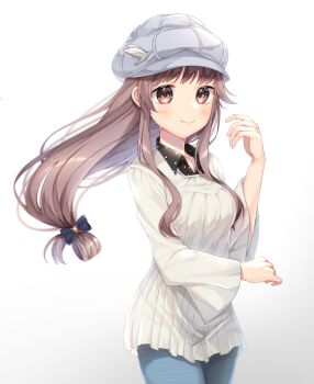 1girl absurdres black_bow blue_pants bow breasts chunyaan closed_mouth commentary commission cowboy_shot english_commentary frilled_shirt frills hair_bow highres long_hair long_sleeves medium_breasts meigo_arisa pants pink_eyes pink_hair second-party_source shirt simple_background smile solo standing toaru_majutsu_no_index toaru_majutsu_no_index:_endymion_no_kiseki white_background white_shirt