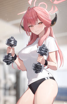 1girl absurdres aru_(blue_archive) arus black_buruma blue_archive breasts buruma commentary_request demon_girl demon_horns double_dumbbell_pose_(han-0v0) dumbbell gym gym_uniform halo highres holding holding_dumbbell horns indoors large_breasts large_variant_set orange_eyes parted_lips red_hair red_halo smile solo thighs variant_set
