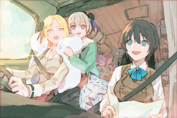 5girls ahoge aoi_erika black_flower black_hair blonde_hair blue_fire bow breasts brown_hair byakko_(heaven_burns_red) cardigan drill_hair eyepatch fire flower fur_trim glasses green_cardigan green_eyes grey_hair hair_flower hair_ornament heaven_burns_red highres higuchi_seika hiiragi_kozue long_sleeves medium_hair minase_ichigo minase_sumomo multiple_girls one_eye_covered purple_eyes purple_hair rose sailor_collar shirt short_hair slice_of_life team_31b_(heaven_burns_red) tiger twin_drills vest wbon white_sailor_collar white_shirt white_tiger