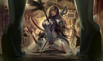 2girls absurdres android bird black_hair blood bodysuit breasts commentary_request commission crow guro h.an_(516635864) high_heels highres impaled kneeling large_breasts long_hair mechanical_arms multiple_girls parted_lips raven_(stellar_blade) rolling_eyes second-party_source stellar_blade sword view_between_legs weapon white_bodysuit