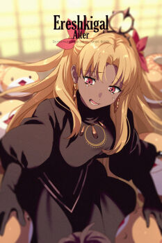 1girl black_dress black_gloves blonde_hair breasts character_name commentary_request crying dark-skinned_female dark_skin dress earrings echo_(circa) ereshkigal_(fate) ereshkigal_alter_(fate) fate/grand_order fate_(series) gloves hair_ribbon jewelry long_hair long_sleeves medium_breasts open_mouth parted_bangs red_eyes ribbon tiara tsuchinoko_(fate) two_side_up