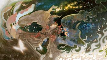 1girl animal_ear_fluff animal_ears animal_print black_hair black_sky blue_eyes blue_flower blurry blurry_foreground brown_hanfu bug butterfly butterfly_print chinese_commentary claws commentary_request crescent_moon eyelashes facepaint falling fire flower forever_bond_(infinity_nikki) fox_ears frilled_sleeves frills full_body hair_flower hair_ornament highres infinity_nikki insect light_blush lipstick long_hair long_sidelocks long_sleeves looking_up lotus makeup mg_miange moon night nikki_(series) official_alternate_color orange_flower outdoors parted_lips pointy_nose reaching red_flower red_lips sidelocks signature sky solo star_(sky) starry_sky teeth tree wavy_hair white_butterfly white_fire wide_sleeves