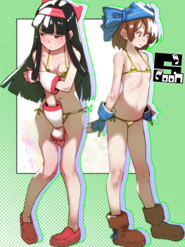 2girls :o averting_eyes bikini black_hair blue_gloves blue_headscarf blush boots breasts brown_boots brown_eyes brown_hair commentary_request covering_crotch covering_privates drop_shadow fingerless_gloves full_body gloves gold_bikini green_background hairband halftone halftone_background headscarf long_hair micro_bikini multiple_girls nakoruru petite red_hairband red_shoes rimururu samurai_spirits shoes short_hair siblings sisters small_breasts soon_(c-u-soon) standing swimsuit white_gloves
