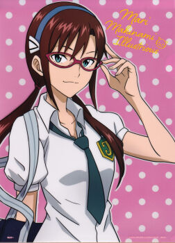 Rule 34 | 1girl, absurdres, adjusting eyewear, bag, blue hairband, brown hair, cat, character name, dress shirt, hairband, highres, low twintails, makinami mari illustrious, necktie, neon genesis evangelion, official art, parted bangs, pink background, polka dot, polka dot background, puffy short sleeves, puffy sleeves, rebuild of evangelion, red-framed eyewear, shirt, short sleeves, shoulder bag, solo, third-party source, twintails, upper body