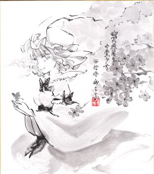 1girl absurdres bug butterfly cherry_blossoms closed_mouth commentary_request frilled_kimono frills greyscale hat highres insect japanese_clothes kimono long_sleeves looking_at_viewer mob_cap monochrome saigyouji_yuyuko shikishi short_hair sleeve_garter smile solo sumi-e touhou traditional_media translation_request triangular_headpiece wide_sleeves yuzuha_(yuzutime)