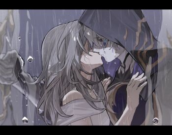 1boy 1girl bare_shoulders black_cloak blue_eyes cloak closed_mouth colored_eyelashes colored_sclera expressionless flame_reaver_of_the_deepest_dark from_side gauntlets grey_hair grey_sclera hair_between_eyes hand_up hands_on_another&#039;s_chest hashtag-only_commentary hetero highres holding holding_sword holding_weapon honkai:_star_rail honkai_(series) hood hood_up kiss letterboxed long_hair looking_ahead meat7955 off-shoulder_shirt off_shoulder outdoors profile rain shirt short_hair stelle_(honkai:_star_rail) sword trailblazer_(honkai:_star_rail) upper_body weapon wet wet_hair white_shirt