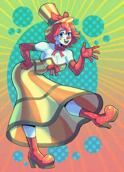 1girl absurdres bare_shoulders blue_eyes blush blush_stickers boots bow breasts cleavage clown commentary commission dress elbow_gloves eyelashes full_body gloves hand_on_own_hip hat hat_bow high_heel_boots high_heels highres open_mouth orange_dress orange_hair orange_hat original red_boots red_bow red_gloves short_hair skirt smile solo standing standing_on_one_leg striped_clothes striped_dress striped_hat teeth the_jieb top_hat upper_teeth_only vertical-striped_clothes vertical-striped_dress vertical-striped_hat white_skirt