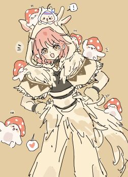 Rule 34 | !, 1girl, absurdres, animal, animal ear hood, animal ears, animal on head, black shirt, brown background, brown cloak, brown eyes, brown gloves, brown pants, cat, cloak, clothed animal, commentary request, cowboy shot, creature, creature on head, creature on shoulder, creature on tail, crop top, dot nose, ear covers, fake animal ears, fake tail, forest folk (infinity nikki), fringe trim, giant, giantess, gloves, hands on own hips, heart, highres, hood, hood up, hooded cloak, infinity nikki, leaning forward, legs apart, light blush, looking at viewer, medium hair, midriff, momo (nikki), nikki (nikki), nikki (series), notice lines, official alternate costume, on head, on shoulder, open mouth, pants, pink hair, print cloak, shirt, shroomling (infinity nikki), simple background, size difference, smile, solo, speech bubble, spoken exclamation mark, spoken heart, standing, tail, triangle print, turtleneck, turtleneck shirt, v-shaped eyebrows, white cat, white cloak, wolf ears, wolf tail, xiaoxixi14172