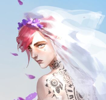 1girl arcane:_league_of_legends arcane_vi back_tattoo backless_dress backless_outfit blue_sky bridal_veil closed_mouth dress facial_tattoo falling_petals from_behind grey_hair hairband heartvify league_of_legends looking_back neck_tattoo outdoors petals pink_lips purple_hairband red_hair short_hair sky solo tattoo upper_body veil vi_(league_of_legends) wedding white_veil