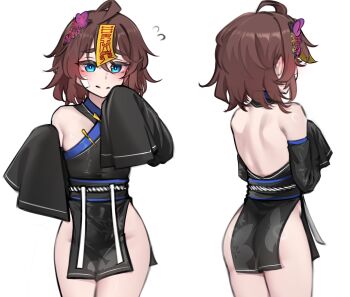 1girl absurdres ass backless_dress backless_outfit black_dress blue_eyes brown_hair commentary cowboy_shot detached_sleeves dress english_commentary from_behind groin hair_ornament highres jiangshi_costume k0ng loner-chan_(k0ng) long_sleeves looking_at_viewer multiple_views ofuda original short_dress short_hair simple_background standing thighs white_background