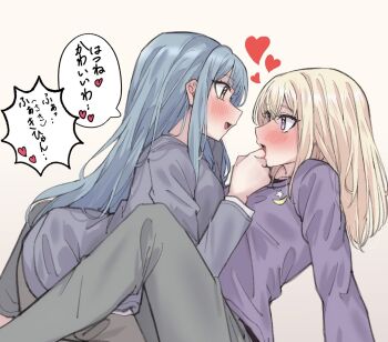 2girls bang_dream! bang_dream!_it&#039;s_mygo!!!!! blonde_hair blue_hair blue_shirt blush commentary commentary_request english_commentary extreme_yuri_buta grey_pants hair_down heart highres long_hair misumi_uika multiple_girls open_mouth pants pulling_tongue purple_eyes purple_shirt shirt sidelocks togawa_sakiko tongue tongue_out translation_request yellow_eyes yuri