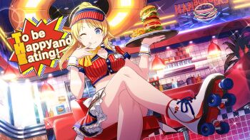 1girl ;q ahoge bar_stool bare_legs blonde_hair blue_eyes breasts burger buttons cleavage collared_shirt crop_top crossed_legs day diner drop_shadow english_text food foreshortening french_fries frilled_skirt frills game_cg hachimiya_meguru hair_flaps halftone hand_to_own_mouth hanging_light hat holding holding_tray idolmaster idolmaster_shiny_colors indoors large_breasts legs light_rays long_hair looking_at_viewer midriff neck_ribbon official_art one_eye_closed oversized_food oversized_object pinstripe_pattern ponytail red_hat red_shirt red_skirt ribbon roller_skates shelf shirt short_sleeves sitting skates skirt smile solo sparkle star_(symbol) stool striped tile_wall tiles tongue tongue_out tray visor_cap waist_ribbon waitress white_ribbon white_wrist_cuffs wrist_cuffs yellow_ribbon
