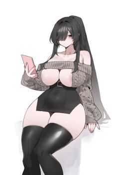 1girl absurdres bare_shoulders belt black_eyes black_hair black_thighhighs blush breasts closed_mouth collarbone hair_over_one_eye highres holding holding_phone large_breasts long_hair long_sleeves looking_at_viewer mimyo nail_polish off_shoulder original phone ponytail sidelocks simple_background solo thighhighs thighs underboob white_background wide_hips