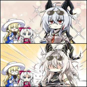 3girls ahoge bare_shoulders black_gloves black_horns black_jacket blonde_hair blue_sash bow breasts carlotta_(wuthering_waves) closed_eyes commentary_request curled_horns dress eyewear_on_head gloves grey_dress hair_between_eyes hair_bow hair_ornament hat highres horns jacket jacket_on_shoulders korean_commentary large_breasts long_hair multicolored_hair multiple_girls own_hands_clasped own_hands_together phoebe_(wuthering_waves) pink_bow pink_jacket red_eyes sash shaded_face shirt smile sparkle sparkling_aura streaked_hair sunglasses sweater sweater_dress white_hat white_shirt windy_(jazz9207) wuthering_waves x_hair_ornament zani_(downtown_repose)_(wuthering_waves) zani_(wuthering_waves)