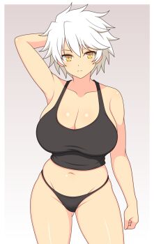 1girl arm_behind_head arm_up black_panties black_shirt blush breasts cleavage collarbone gradient_background grey_background ichiryuu_tsumiki large_breasts looking_at_viewer midriff miyabi_(senran_kagura) navel panties senran_kagura shirt short_hair standing tank_top underwear white_hair yellow_eyes
