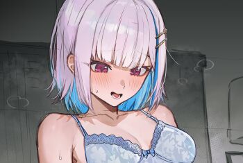 1girl alternate_hair_length_(shorter) blue_bra blue_hair bra colored_inner_hair commentary_request grey_hair hair_ornament hairclip heavy_breathing indoors lace lace-trimmed_bra lace_trim lize_helesta long_sleeves looking_down multicolored_hair nijisanji official_alternate_hairstyle paid_reward_available parallel_hairclips pink_eyes short_hair simple_background solo sooon sweat underwear underwear_only virtual_youtuber