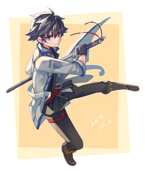 1boy black_hair boots border closed_mouth coat dated eiyuu_densetsu feng_you floating_clothes full_body gloves hair_between_eyes holding holding_sword holding_weapon katana looking_at_viewer male_focus open_clothes open_coat pants pommel_tassel purple_eyes rean_schwarzer sen_no_kiseki sen_no_kiseki_(series) sen_no_kiseki_iii short_hair smile solo sword tassel three-toned_background weapon white_border wing_collar yellow_background
