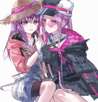 2girls fate/grand_order fate_(series) gloves hashtag-only_commentary hat highres holding_hands long_hair looking_at_another matou_sakura medusa_(fate) medusa_(saber)_(fate) minamisakura011 multiple_girls open_mouth pink-tinted_eyewear pink_eyes pink_hair purple_eyes purple_hair sakura_(paper_moon) sidelocks smile straw_hat tinted_eyewear white_gloves