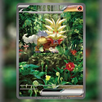 Rule 34 | animal focus, card (medium), claws, commentary, company name, copyright name, copyright notice, english commentary, fangs, fern, flower, gouging fire, grass, leaf, light rays, nature, nintendo, no humans, official art, open mouth, outdoors, pokemon, pokemon (creature), pokemon card, pokemon focus, pokemon tcg, red flower, rock, skin fangs, solo, teeziro, textless version, third-party source, trading card