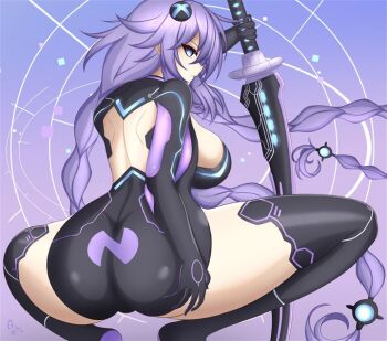 1girl ass back_cutout backboob bad_id bad_pixiv_id black_boots black_leotard blue_eyes bodysuit boots braid breasts clothing_cutout crimsle from_behind hair_ornament hairclip hand_on_own_ass huge_ass large_breasts leotard long_hair looking_back neptune_(series) power_symbol-shaped_pupils purple_background purple_eyes purple_heart_(neptunia) sideboob squatting sword symbol-shaped_pupils thigh_boots thighs very_long_hair weapon