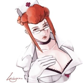 christmas_(skullgirls) glasses gloves hand_on_own_chest hat latex latex_gloves leshiyxxx lipstick makeup nurse nurse_cap red_eyes red_hair scar scar_across_eye scar_on_face skullgirls white_background