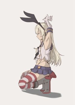 1girl anchor_hair_ornament arms_behind_head black_hairband black_neckerchief black_panties blonde_hair blue_sailor_collar blue_skirt chakoru crop_top elbow_gloves gloves grey_background grey_eyes hair_ornament hairband highleg highleg_panties highres kantai_collection kneeling long_hair microskirt miniskirt neckerchief panties pleated_skirt rudder_footwear sailor_collar shimakaze_(kancolle) shirt simple_background skirt sleeveless sleeveless_shirt solo striped_clothes striped_thighhighs thighhighs underwear white_gloves