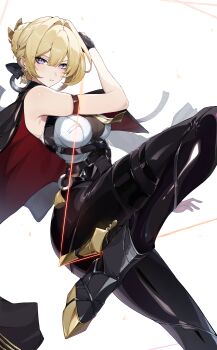 1girl absurdres arm_strap black_boots black_gloves black_jacket black_pants blonde_hair boots breasts commentary double-parted_bangs earrings evelyn_chevalier gloves hair_bun hair_intakes high-waist_pants high_heel_boots high_heels highres jacket jacket_on_shoulders jewelry knee_up large_breasts latex_pants looking_at_viewer mole mole_under_eye necktie pants parted_lips purple_eyes see-through_cleavage see-through_clothes shirt simple_background single_hair_bun sleeveless sleeveless_shirt solo sun_0205 thigh_strap tight_clothes tight_pants two-sided_fabric two-sided_jacket white_background white_shirt yellow_necktie zenless_zone_zero