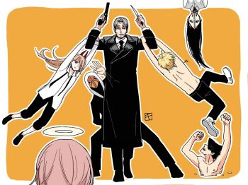 Rule 34 | 2girls, 5boys, angel devil (chainsaw man), arm up, artist logo, beam (chainsaw man), black coat, black footwear, black hair, black jacket, black necktie, black pants, blonde hair, brown hair, chainsaw man, coat, collared shirt, curtained hair, dangling, denji (chainsaw man), facial hair, facing viewer, formal clothes, grey hair, gun, hair over one eye, halo, handgun, holding, holding gun, holding knife, holding weapon, horns, jacket, kishibe (chainsaw man), kitunejima, knife, logo, long hair, looking at another, looking at viewer, loose necktie, multiple boys, multiple girls, necktie, open mouth, pants, plague doctor mask, power (chainsaw man), princi (chainsaw man), pull cord, red horns, shirt, short hair, stitched mouth, stitches, stubble, suit, suit jacket, topless male, undone necktie, upside-down, violence fiend (chainsaw man), waving, weapon, white footwear, white shirt, zipper