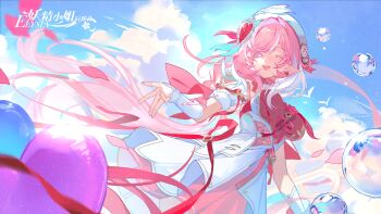 1girl ;o air_bubble balloon beret blue_sky breasts bubble chinese_commentary commentary_request diamond-shaped_pupils diamond_(shape) dress earrings elf elysia_(hi_love_elf)_(honkai_impact) elysia_(honkai_impact) hat heart heart_balloon heart_earrings highres honkai_(series) honkai_impact_3rd jewelry large_breasts long_hair multicolored_hair nizi_w one_eye_closed pink_hair pointy_ears purple_eyes red_dress revision sky smile solo symbol-shaped_pupils two-tone_hair very_long_hair white_dress white_hair