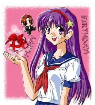 asamiya_athena box chibi gift gift_box hair_ornament idol kusanagi_kyou long_hair psycho_soldier purple_hair school_uniform snk star_(symbol) star_hair_ornament the_king_of_fighters the_king_of_fighters_&#039;96