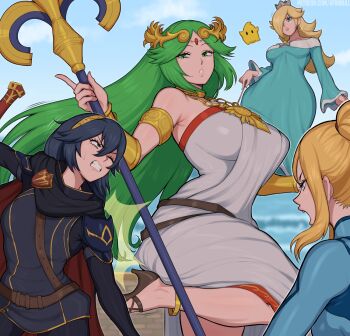 4girls abs afrobull alternate_breast_size_(larger) artist_name battle blonde_hair blue_eyes breasts clenched_teeth commentary crossover english_commentary fighting fire_emblem fire_emblem_awakening highres kid_icarus kid_icarus_uprising large_breasts long_hair lucina_(fire_emblem) mario_(series) metroid multiple_girls nintendo palutena patreon_username rosalina samus_aran small_breasts smile super_mario_galaxy super_smash_bros. teeth variant_set watermark web_address