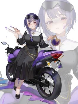 Rule 34 | 1girl, art brush, black dress, black ribbon, black shoes, blue gem, braid, breasts, chain, commentary request, dress, earrings, eyewear on head, gem, hair over shoulder, hair ribbon, highres, holding, holding paintbrush, jewelry, large breasts, license plate, light blush, long sleeves, looking at viewer, motor vehicle, motorcycle, nun, on motorcycle, original, paint palette, paint splatter, paint splatter on face, paint tube, paintbrush, palette knife, parted lips, pencil, purple hair, ravukurahuto 2d, red eyes, ribbon, shoes, single braid, sitting, stud earrings, sunglasses, white background, zoom layer