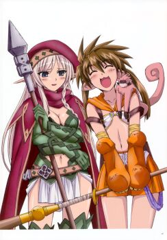 2girls :3 :d ^_^ absurdres alleyne_(queen's_blade) alleyne_(queen's_blade) animal animal_on_shoulder belt belt_skirt beret blonde_hair blue_eyes blush braid breasts brown_hair buckle cape capelet cleavage closed_eyes cowboy_shot crop_top elbow_gloves elf fighting_master_alleyne flat_chest forest_keeper_nowa gloves green_legwear hair_between_eyes happy hat highres holding leaning long_hair long_pointy_ears midriff miniskirt monkey multiple_girls navel nowa_(queen's_blade) nowa_(queen's_blade) open_mouth page_number pleated_skirt pointy_ears polearm queen's_blade ruu_(queen's_blade) scan side_braid side_slit sidelocks silver_hair simple_background single_braid skirt smile spear spiked_hair staff standing thighhighs twintails very_long_hair weapon