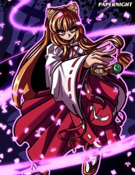 1girl absurdres animal_ear_fluff animal_ears artist_name aura blunt_bangs brown_hair brown_sandals cherry_blossoms closed_mouth commentary english_commentary frown hakama hakama_skirt highres holding holding_sword holding_weapon japanese_clothes kimono kosode long_hair long_skirt metal_hair_tubes miko official_alternate_costume outline papernight purple_background purple_outline raccoon_ears raccoon_girl raphtalia red_eyes red_hakama red_ribbon red_skirt ribbon ribbon-trimmed_sleeves ribbon_trim sandals sheath skirt solo straight_hair sword tabi tate_no_yuusha_no_nariagari unsheathing v-shaped_eyebrows vassal_katana_(beginner&#039;s_katana)_(tate_no_yuusha_no_nariagari) vassal_katana_(tate_no_yuusha_no_nariagari) weapon white_kimono white_kosode white_ribbon