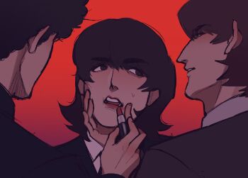 1girl 2boys applying_makeup aquiline_nose black_eyes black_hair black_jacket black_suit blush bob_dylan brown_hair cheek_squash collared_shirt commentary curly_hair english_commentary formal_clothes from_behind genderswap genderswap_(mtf) george_harrison hand_on_another's_face hetero highres jacket john_lennon lipstick makeup medium_hair multiple_boys nose real_life red_background red_lips romeowto shirt short_hair simple_background suit sweatdrop swept_bangs the_beatles thick_eyebrows very_short_hair white_shirt