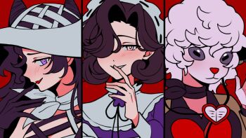 3girls animal_head anjo_nala barbara_(reverse:1999) black_gloves black_hair black_ribbon brown_jacket cone_hair_bun double_bun dress earphones finger_to_mouth gloves grin haihaiera hair_bun hair_over_one_eye hand_up hat jacket long_hair maid maid_headdress ms._kimberly_(reverse:1999) multiple_girls neck_ribbon neckerchief portrait profile purple_dress purple_eyes red_background reverse:1999 ribbon sheep_girl sheep_head short_hair smile triptych_(art) tuesday_(reverse:1999) white_hat white_neckerchief