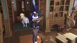 2girls animated artist_name blonde_hair book breasts breasts_out clorinde_(genshin_impact) clothes dress genshin_impact gloves grabbing_another's_breast grabbing_from_behind groping hat hat_feather lumine_(genshin_impact) lyusfyuring moaning multiple_girls nipples reading skirt sneaking sound tagme thighhighs thighs tight_skirt undressing undressing_another video waist_grab white_gloves yuri