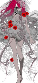 1girl absurdres alternate_costume baobhan_sith_(fate) bare_shoulders barefoot breasts character_name commentary_request dress fate/grand_order fate_(series) flower full_body gradient_hair grey_dress grey_eyes grey_hair highres large_breasts long_hair looking_at_viewer mochizuki_kei multicolored_hair official_artist_extra pink_hair red_flower red_rose rose smile solo veil very_long_hair white_veil