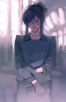 1boy bag closed_mouth clutch_purse commentary expressionless gloves grey_gloves grey_jacket grey_pants gundam gundam_00 handbag highres huangdanlan jacket jewelry long_sleeves male_focus necklace pants red_eyes sidelocks solo tieria_erde trap veil