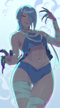 1girl a.k.i._(street_fighter) bandages breasts hair_over_one_eye highres looking_at_viewer navel red_lips short_hair smile solo street_fighter street_fighter_6 swimsuit weapon white_hair yagi2013