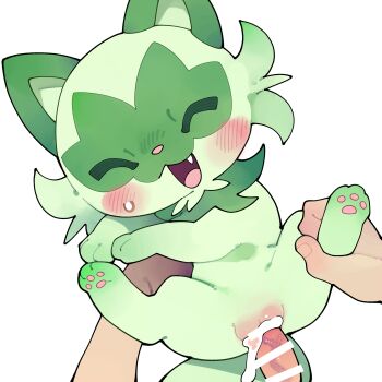 1boy 1girl absurdres animal_ears bar_censor bestiality blush cat_ears cat_tail censored closed_eyes fang gen_9_pokemon green_fur hetero highres nintendo open_mouth penis pokemon pokemon_(creature) pokephilia pussy sex spread_legs sprigatito tail vaginal veins veiny_penis white_background youjo_modoki