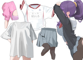 Rule 34 | 1girl, art study, asahina mafuyu, black cardigan, blush, bottomless, breasts, brown pantyhose, cardigan, clothes lift, commentary, covered face, cowboy shot, from side, grey serafuku, grey shirt, grey skirt, gym shirt, hair ornament, hair over shoulder, hair scrunchie, hands up, high ponytail, highres, large breasts, long hair, long sleeves, material study, midriff, miyamasuzaka girls' academy school uniform, multiple views, neckerchief, open cardigan, open clothes, orange scrunchie, oversized clothes, oversized shirt, pantyhose, pink shrug, pleated skirt, ponytail, project sekai, puffy short sleeves, puffy sleeves, purple hair, red neckerchief, sailor collar, school uniform, scrunchie, serafuku, shirt, short sleeves, shrug (clothing), sidelocks, simple background, skirt, skirt lift, standing, torn clothes, torn pantyhose, trembling, usagi melon3, white background, white sailor collar, white shirt