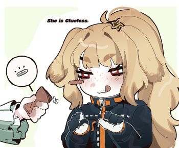 :d animal_ears blonde_hair coat commentary dog_ears english_commentary english_text ezra_(project_moon) freckles gloves hair_ornament highres limbus_company moses_(project_moon) ny_000a open_mouth ponytail project_moon red_eyes smile the_distortion_detective