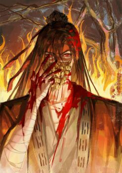 1boy absurdres artist_request bandaged_arm bandaged_chest bandaged_hand bandages bare_tree black_hair blood blood_on_clothes blood_on_face blood_on_hands blood_splatter bloody_bandages brown_hair burning chinese_commentary coat coin coin_mask coin_on_string collarbone commission covered_mouth dao_gui_yi_xian fire grey_hanfu hair_between_eyes hair_bun hand_on_own_face hand_up highres holed_coin li_huowang long_hair looking_at_viewer male_focus mask mouth_veil open_clothes open_coat red_coat red_eyes robe seal_impression second-party_source single_hair_bun solo tree upper_body veil