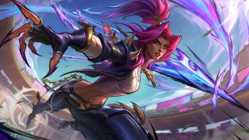 absurdres arena bandaged_chest fingernails highres kalista league_of_legends league_of_legends:_wild_rift navel pink_hair polearm ponytail sharp_fingernails shoulder_spikes soul_fighter_(league_of_legends) soul_fighter_kalista spear spikes throwing_spear weapon