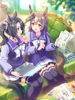 2girls absurdres animal_ears black_hair blush bow bowtie braid breasts brown_eyes brown_hair collarbone computer couch crown_ornament cup double-parted_bangs ear_ornament ear_through_crown game_cg green_eyes hair_between_eyes half_up_braid highres holding holding_laptop holding_paper horse_ears horse_girl horse_tail laptop large_breasts long_hair long_sleeves medium_breasts multicolored_hair multiple_girls official_art on_couch open_mouth paper plant pleated_skirt potted_plant purple_sailor_collar purple_serafuku purple_shirt purple_skirt purple_thighhighs sailor_collar sailor_shirt satono_crown_(umamusume) satono_diamond_(umamusume) saucer school_uniform serafuku shirt side_ponytail sitting skirt smile streaked_hair table tail tea teacup thighhighs tracen_school_uniform umamusume very_long_hair white_bow white_bowtie white_hair zettai_ryouiki