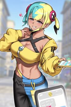 1girl aqua_hair bandeau belt black_belt black_mask black_pants blonde_hair blue_pants blush breasts burnt_green_tea canari_(pokemon) cleavage collarbone dark-skinned_female dark_skin day gen_4_pokemon heart highres holding holding_phone jacket large_breasts long_sleeves looking_at_viewer mask mask_pull mega_stone mouth_mask multicolored_hair navel nintendo open_mouth outdoors pants phone pokemon pokemon_(creature) pokemon_legends:_z-a pov purple_eyes rotom rotom_phone short_twintails smile solo_focus speech_bubble split-color_hair sports_bra teeth text_messaging twintails two-tone_hair two-tone_mask two-tone_pants yellow_bandeau yellow_jacket yellow_mask yellow_sports_bra