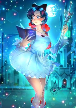 1girl artist_logo bishoujo_senshi_sailor_moon blake_belladonna blake_belladonna_(cosplay) blue_dress blue_eyes blue_hair book bow broken_moon cherry_in_the_sun clip_studio_paint_(medium) collarbone commentary cosplay crossover dress earrings english_commentary hair_bow holding holding_book jewelry logo looking_at_viewer mizuno_ami moon necklace open_book parted_lips rwby short_hair solo standing weiss_schnee weiss_schnee_(cosplay)